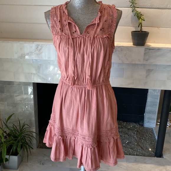 Lucky Brand Pink Lacey Ruffled Tiered Boho Peasant Dress Size Small - Picture 5 of 15